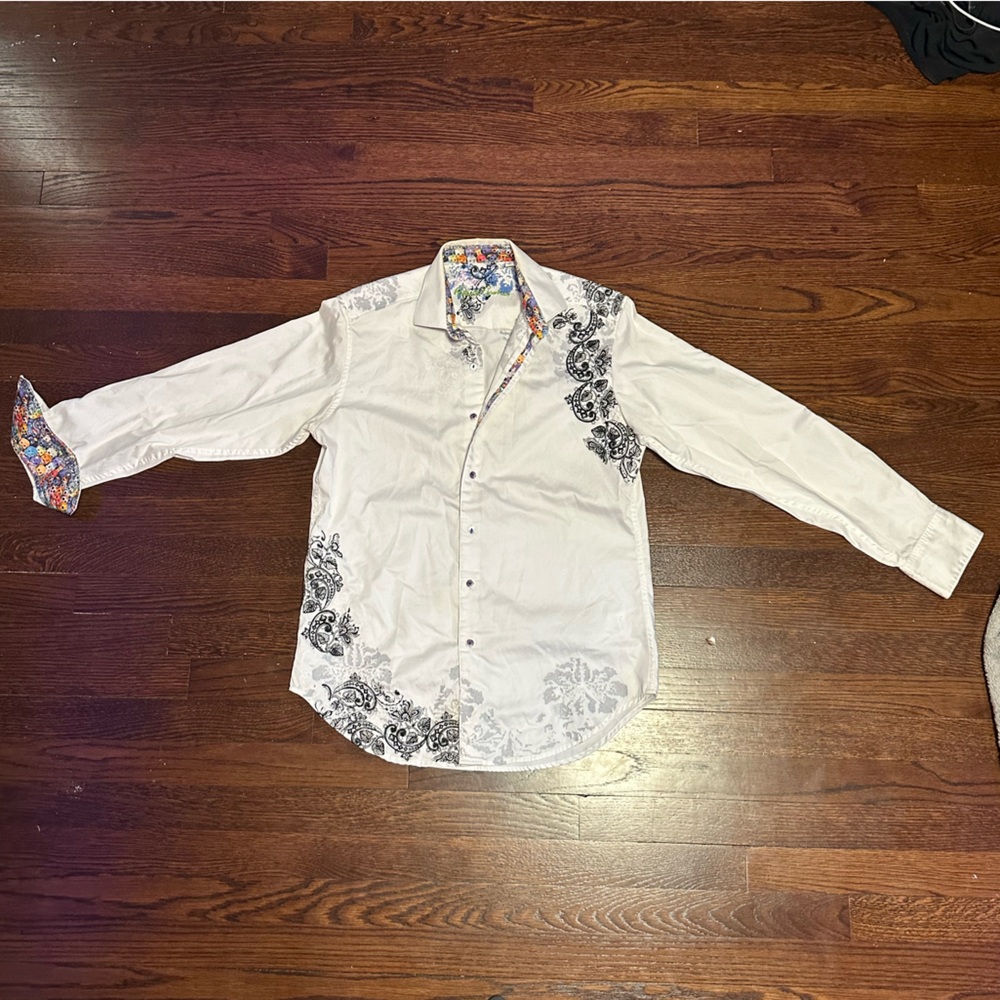 Robert Graham White Button-Up with Black Floral Design and Patterned accents